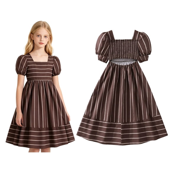Dresses for Tween Girls Short Sleeve Backless A Line Flowy Swing Dress Brown Dress Girls 10-11 Years