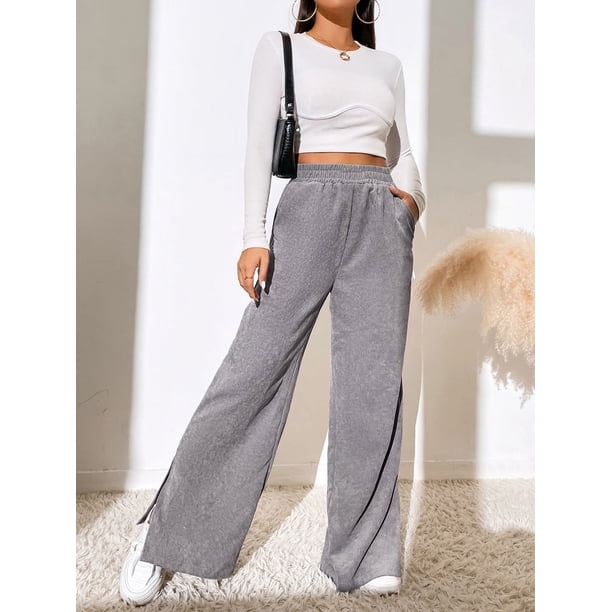 Pantalones casuales de cintura alta para mujer, pantalones de pana de color sólido europeo y americano con dobladillo con abertura y costuras para mujer