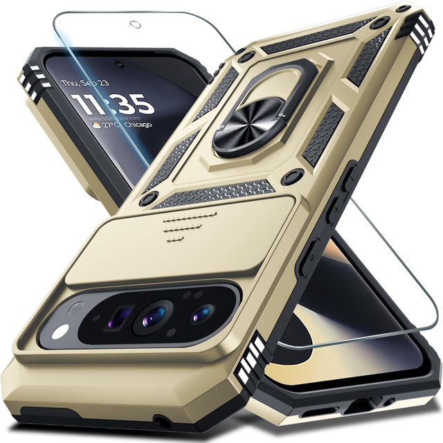 KOMI Case Compatible with Google Pixel 9 Pro XL Built in Slide Camera Lens Cover+Screen Protector+Finger Ring Holder Kickstand,Heavy Duty Shockproof Full Body Protective Phone Cover, Gold