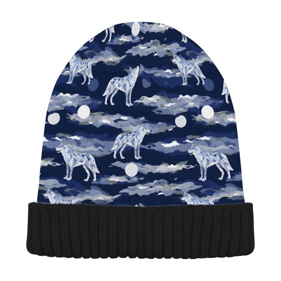 joogoo Wolf and Moon Beanie Hats Cuffed Winter Warm Knit Thick Beanies