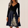 thumbnail image 5 of Women's Casual Fashion V-Neck Long Sleeved Retro Christmas Print Retro Dress, Holiday Print, Audrey Style, Party Wear, Casual Dress, Festive,Navy,L, 5 of 7