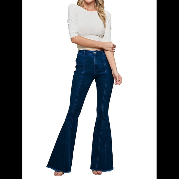 Pantalones Vaqueros Acampanados con Parches de Estrellas para Mujer, Cintura Media, Corte Acampanado, Elásticos, Pierna Recta, Ajustados. Azul Oscuro L