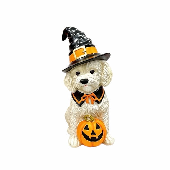 Halloween White Puppy Resin Statue with Witch Hat Cute Dog Figurine Spooky Table Mantel Tiered Tray Decor Ornament