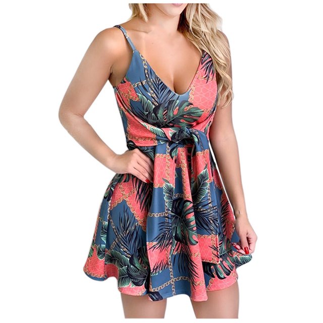 Pompotops Robe Mini à Volants Sans Manches à Imprimé Floral pour Femmes
