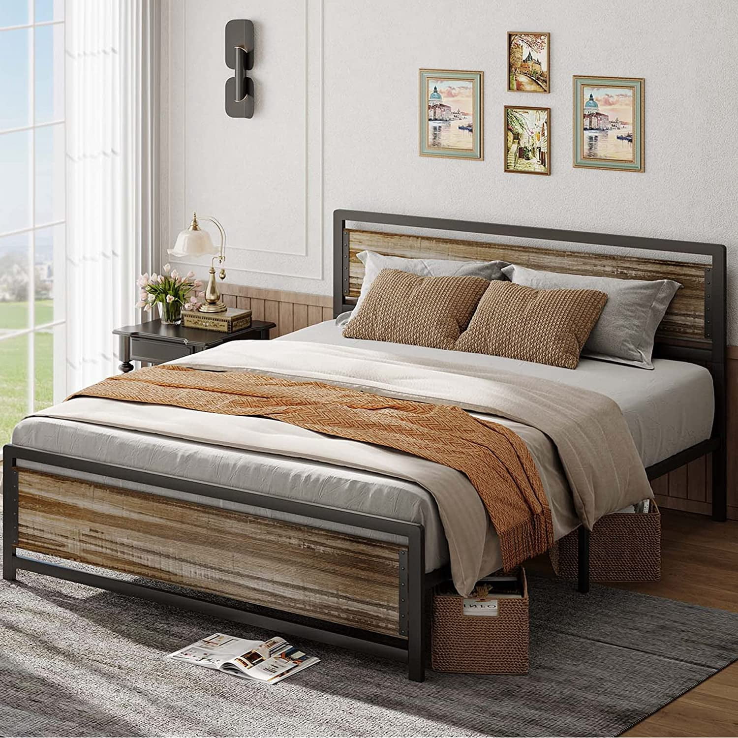 Queen Bed Frame, Lofka Queen Size Platform Bed Frame with Wooden Headboard and Footboard, 800lbs, Gray