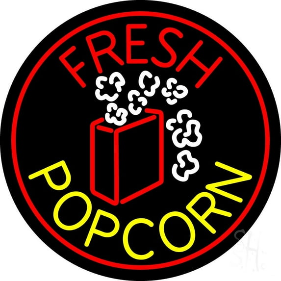 Red Fresh Yellow Popcorn LED Neon Sign 26" Tall x 26" Wide - inches Black Square Cut Acrylic Backing, with Dimmer - Premium built indoor Sign for Cinema, Storefront.