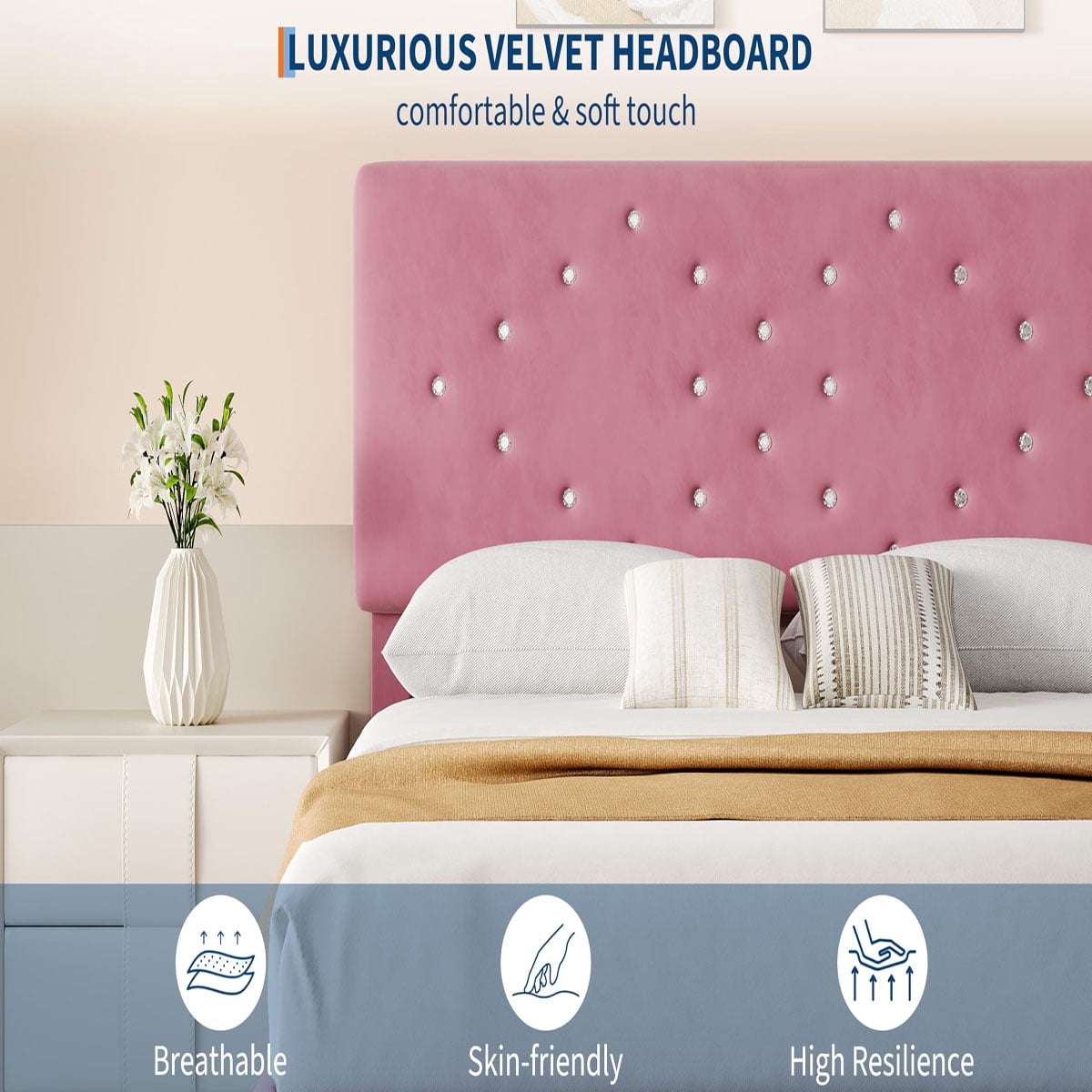 Ataucjin Queen Bed Frame with Crystal Diamond Tufted Upholstered Headboard,Velvet Platform Bed with Sturdy Wood Slats, No Box Spring Needed, Easy Assembly, Noise-Free