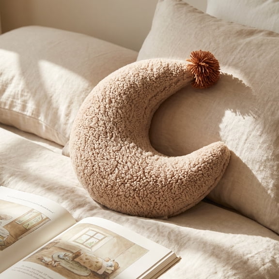 Rirozkan Throw Pillow, 13.4 Inch Moon Shaped Plush Yarn Cushion, Teddy Fleece Soft Decorative for Sofa, Couch, Bed, Living Room