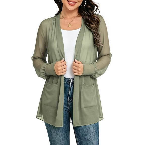 Lnmiateer Women Open Front Chiffon Cardigan Long Sleeve Elastic Cuffs Side Pockets Loose Flowy Casual Jacket Autumn Winter Office Indoor Layering Outerwear