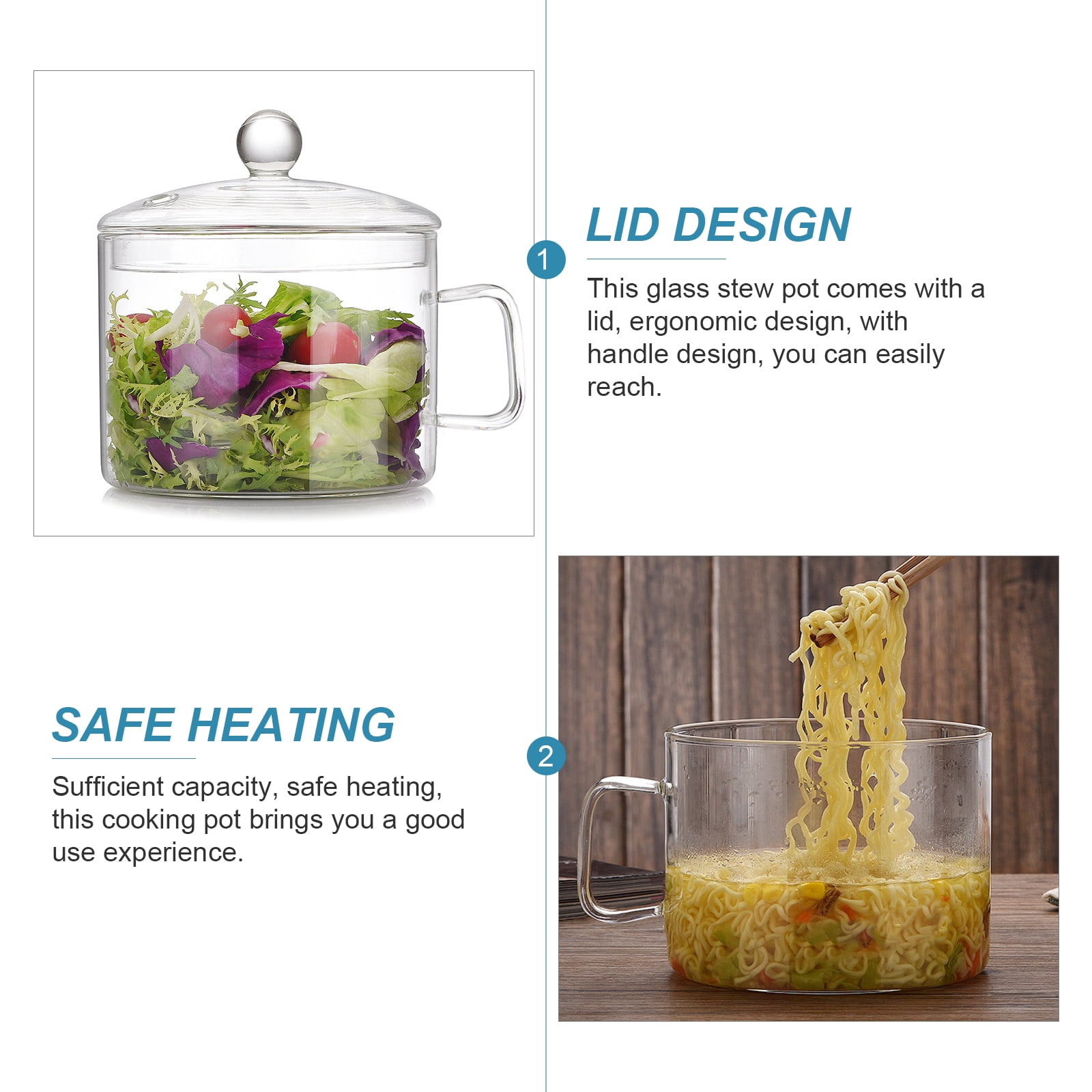 Covered Glass Bowl Instant Noodle Heat Resistant Pot Salad Household Transparent Cooking Pots Stew Cooker with Lid