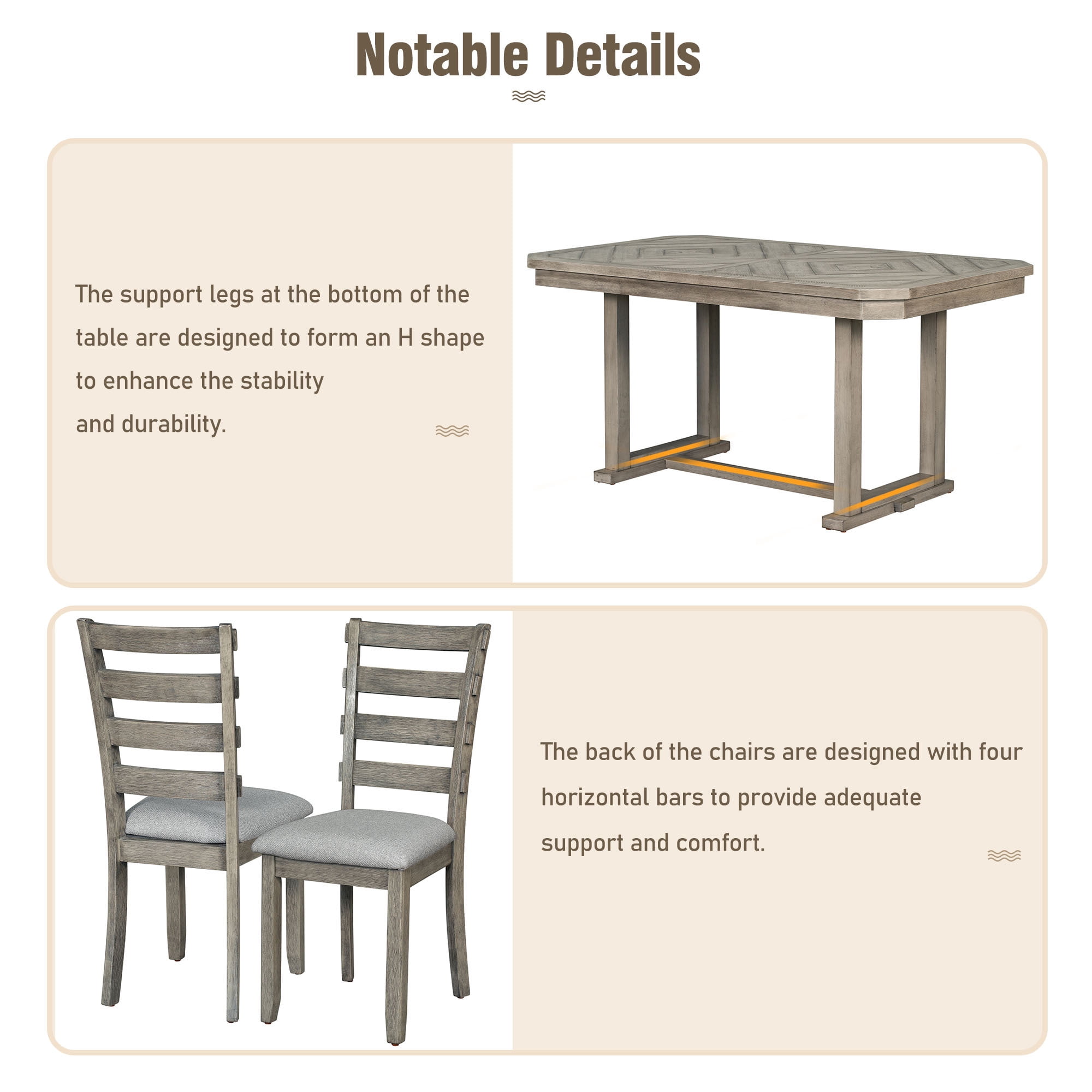Euroco 6-Piece Rubber Wood Dining Table Set for 6, Farmhouse Kitchen Table Set with Beautiful Wood Grain Tabletop, 4 Upholstered Chairs & a Bench for Dining Room,Gray