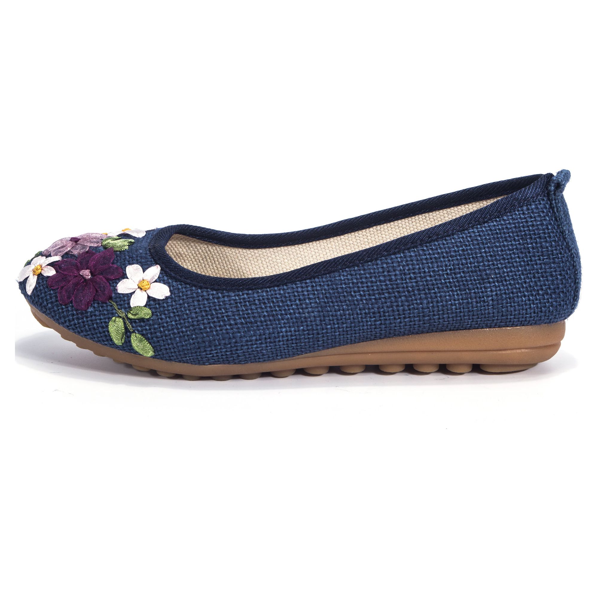 DODOING Women's Casual Fit Flat Office Shoes Non-Slip Flat Walking Shoes with Delicate Embroidery Flower Slip On Flats Shoes Round Toe Ballet Flats (4-10 Size)-Navy Blue - image 5 of 7