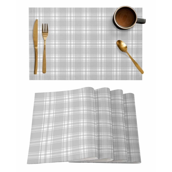 Placemats Set of 8, Gray White Check Woven Placemat, Linen Place Mats for Kitchen/Dining Tables, Vintage Farmhouse Buffalo Plaid Washable Table Mats for Party