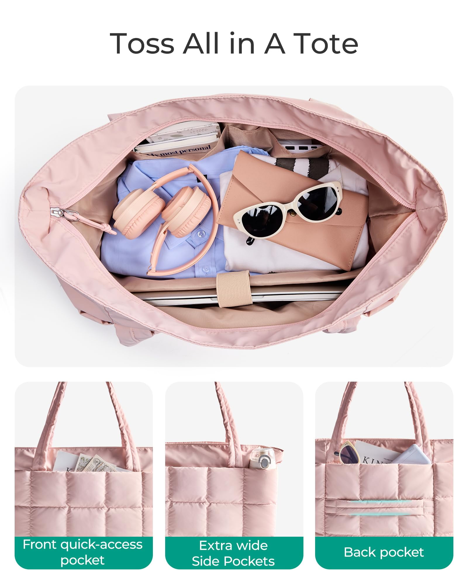 BAGSMART Expandable Tote Bag for Women, Zipper Puffer Work Tote with Water-Resistant Quilted, Nurse and Carry-On Travel Bag, Pink