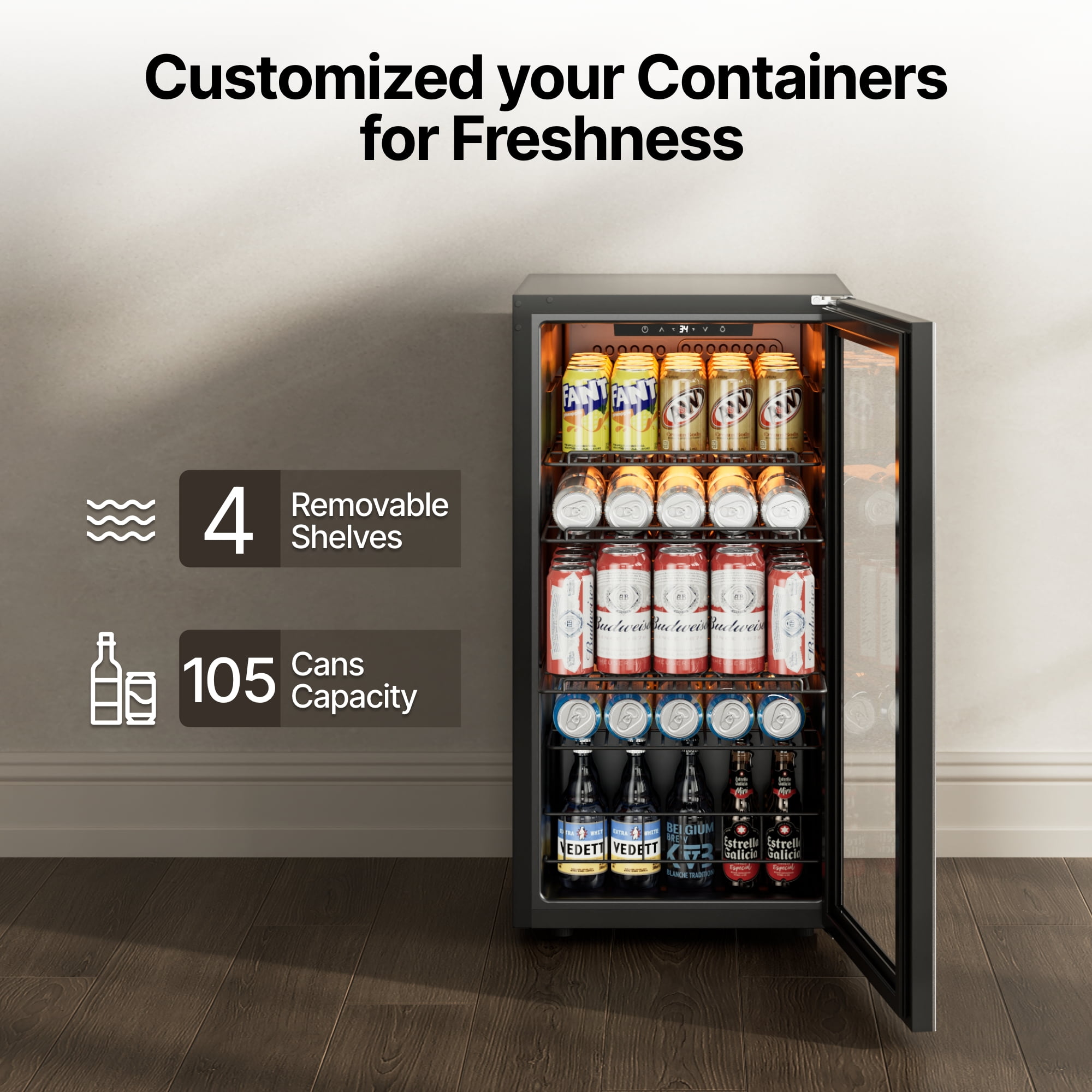 Ca'Lefort Beverage Refrigerator Cooler,95-121 Can Freestanding Beverage Fridge,with Glass Door for Home/Bar/Office