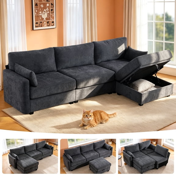 109" Oversized Cloud Couch Sectional Sofa, Modular L Shaped Sofa with Storage Ottoman, Deep Seat Convertible 4 Seat Couch for Living Room (Gray, Low Legs 1.97")