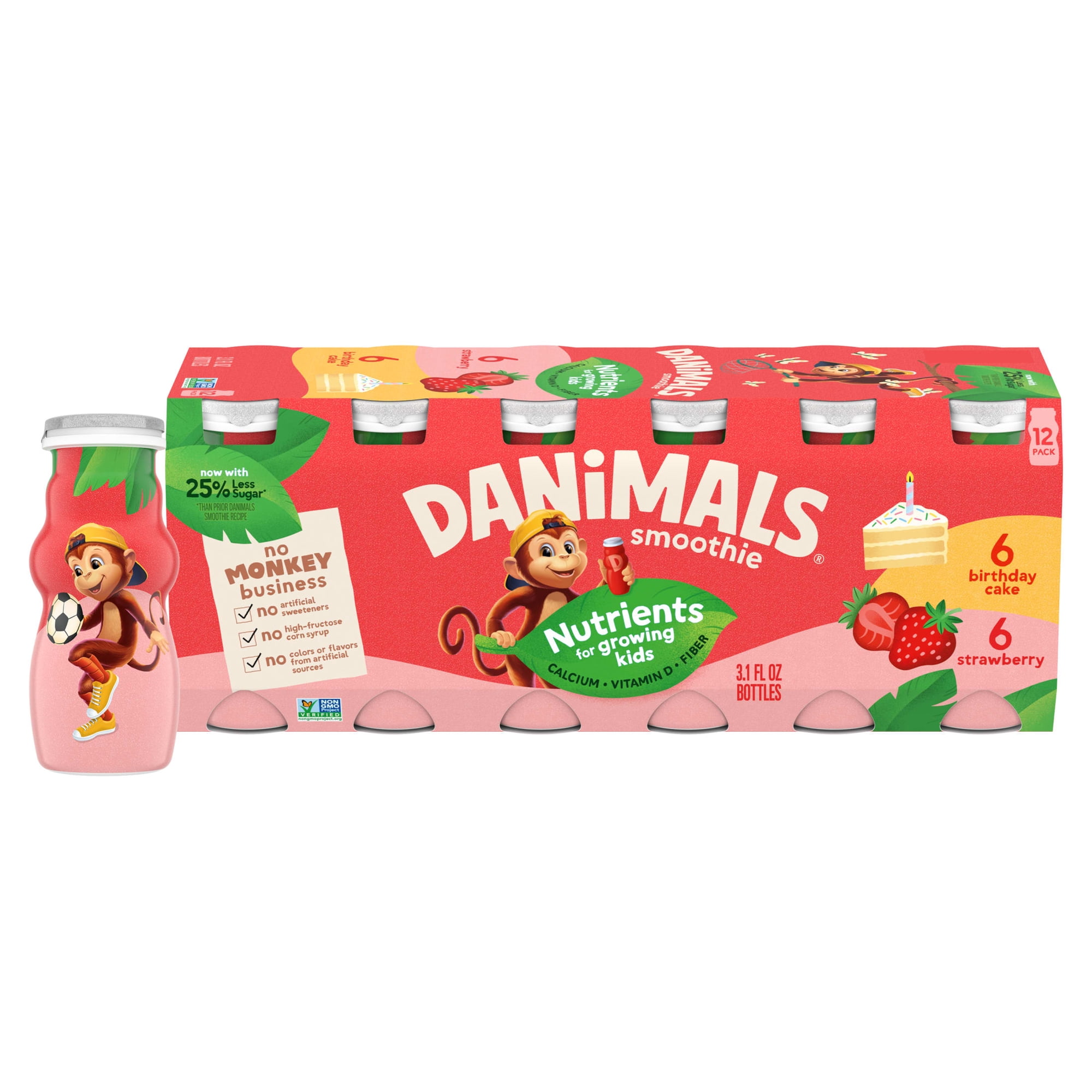 Danimals Smoothie Strawberry and Birthday Cake Low Fat Dairy Drink Smoothie Bottles Multi-Pack, 3.1 fl oz, 12 Count