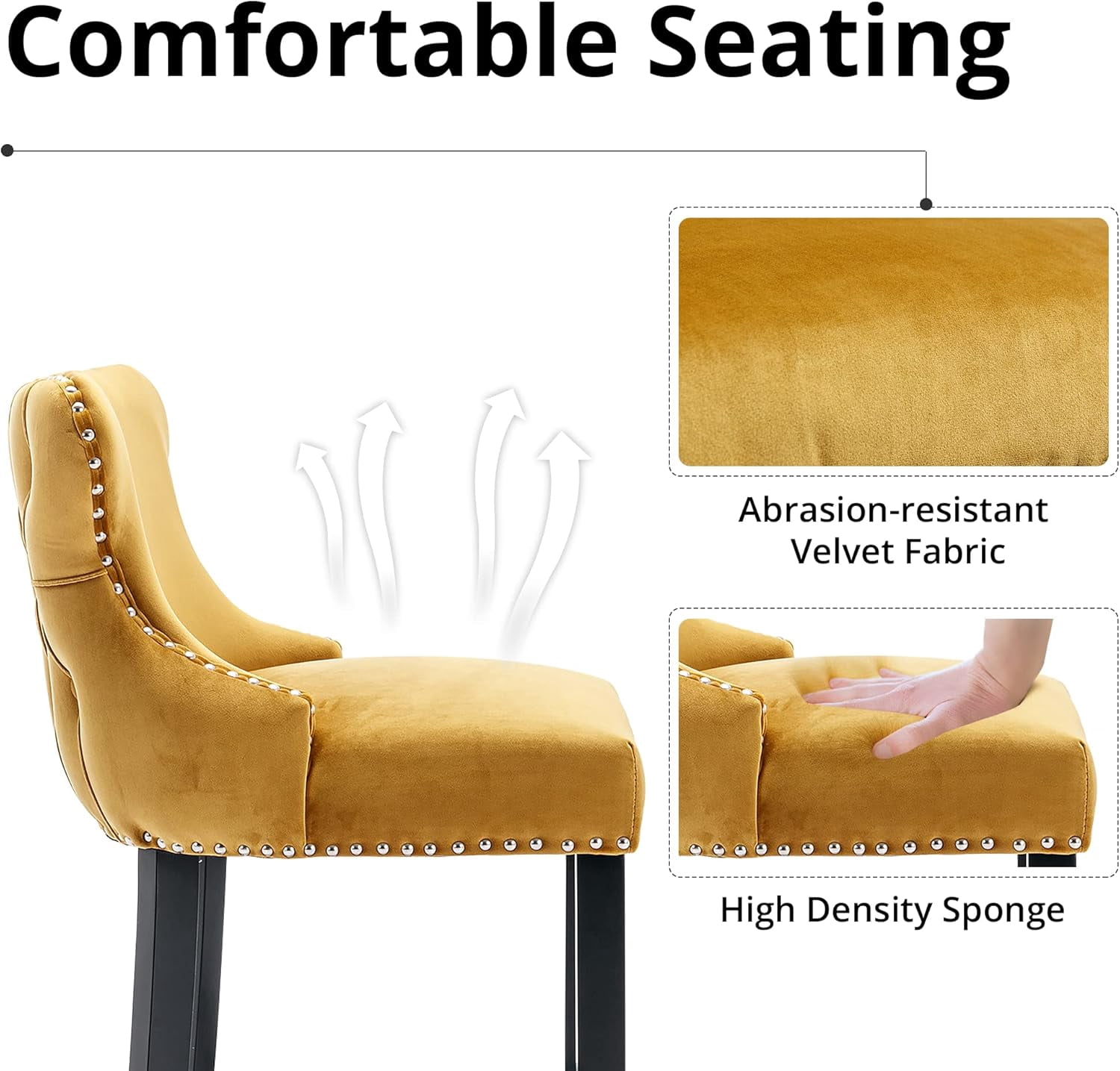 Velvet Wing-Back Bar Stools Set of 2, Button Tufted with Nailhead Trim & Solid Wood Legs, Counter Height Bar Chairs for Kitchen Island Dining Room Pub，Gold