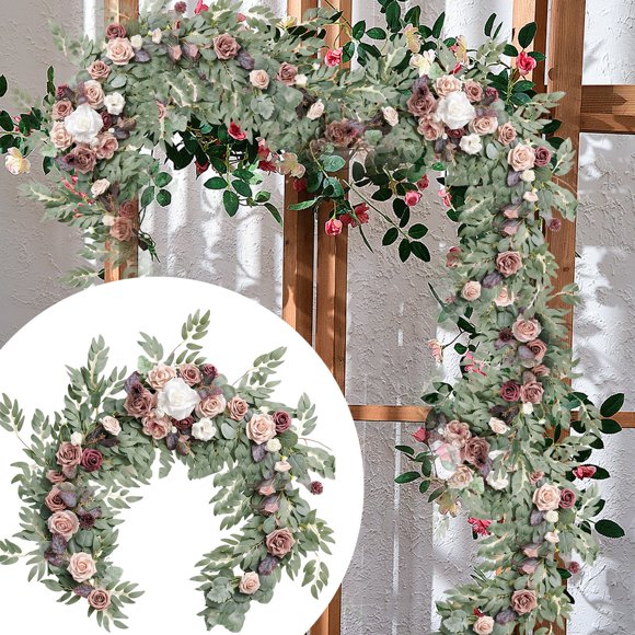 5.9FT Eucalyptus and Willow Leaf Garland with White Flower, Handcrafted Wedding Sweetheart Table Centerpieces Head Table Decor Arch Backdrop Decorations for Wedding | Dusty Rose & Mauve,Black
