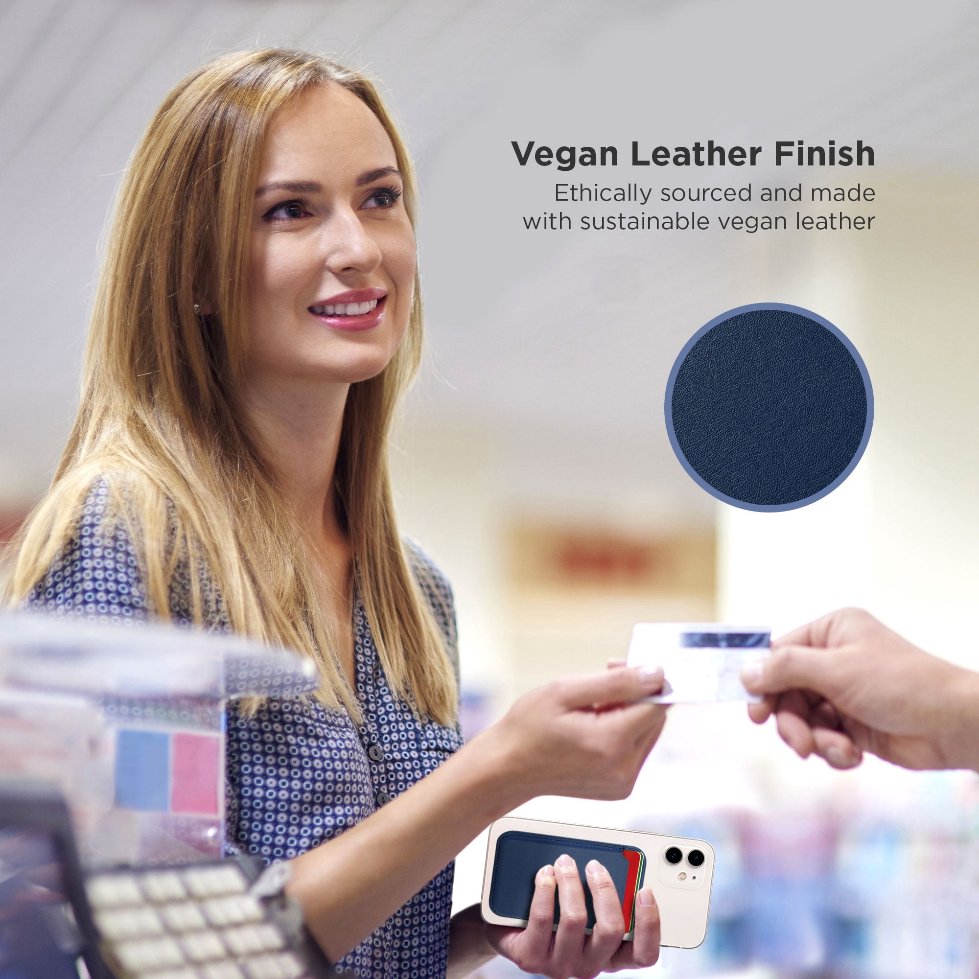 iHome Magnetic Vegan Leather Card Wallet: Premium Vegan Leather, Lightweight, Ultra Slim, MagSafe Compatible for iPhone 12 & 13 Series (Navy)