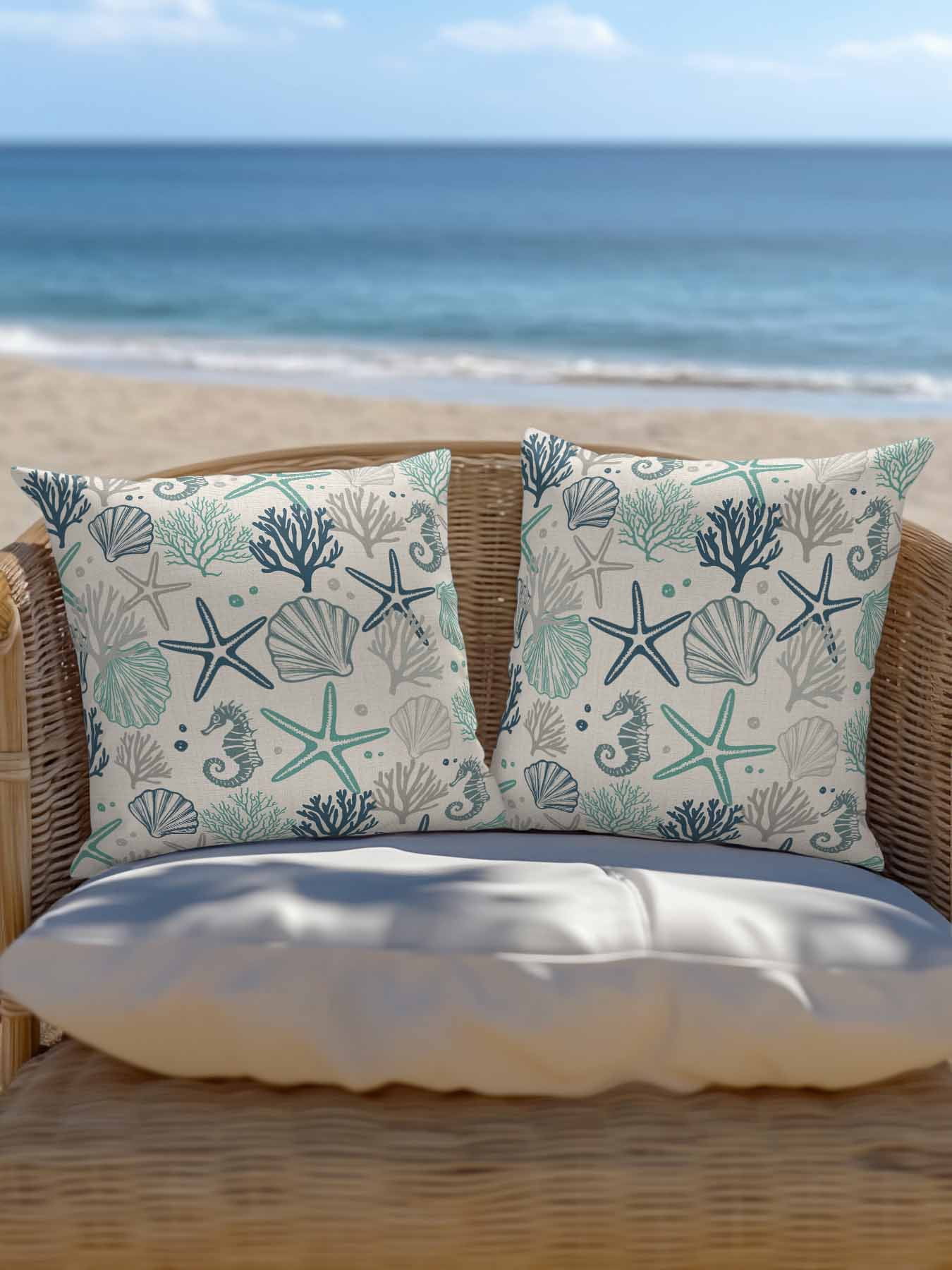 Waterproof Outdoor Throw Pillows with Inserts 16"x16" Set of 2,Blue Teal Coastal Soft Decorative Pillowcases for Bedroom,Summer Beach Starfish Coral Nautical Rustic Pillow Covers for Sofa Living Room