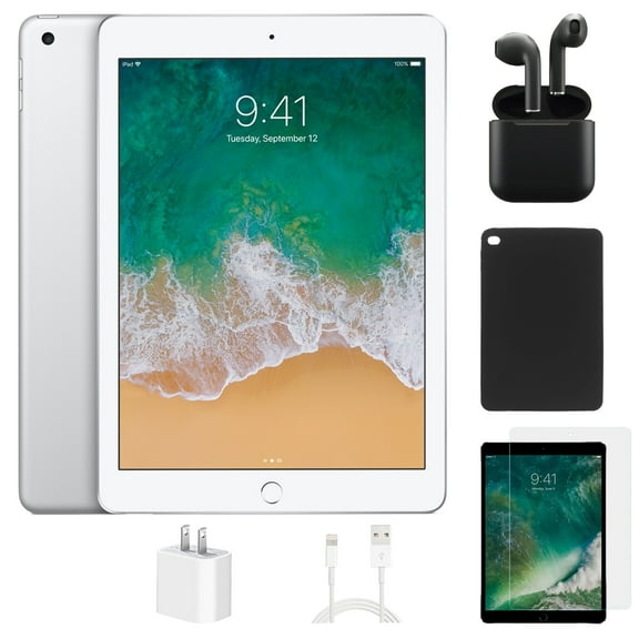 Restored Apple iPad 6th Gen (WiFi) 32GB Silver Bundle with Wireless Earbuds, Case, Tempered Glass screen protector (Refurbished)