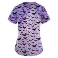 Halloween Purple Print Scrub Tops Women Pumpkins Bats Printed V Neck