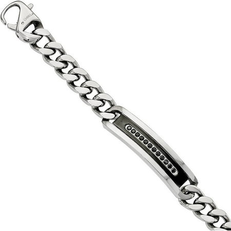 Primal Steel Black CZ Stainless Steel Polished Black IP ID Curb Chain Bracelet, 8.25