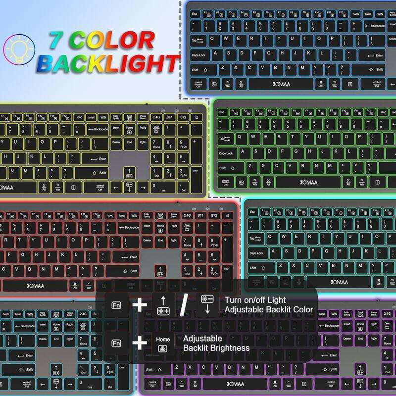 Full Size Silent Click Wireless Keyboard, RGB Backlit Rechargeable Bluetooth & USB Multi-Device Keyboard for Office, Compatible with Windows Mac iOS Android