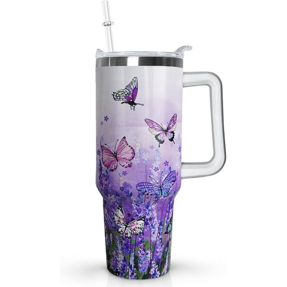 40 Oz Butterfly Tumbler with Handle Lid and Straw,Purple Butterfly Tumbler Water Bottle Travel Coffee Cup Mug,Butterfly Gifts for Women Mom Daughter Girlfriend Teenage Girls Bridesmaid