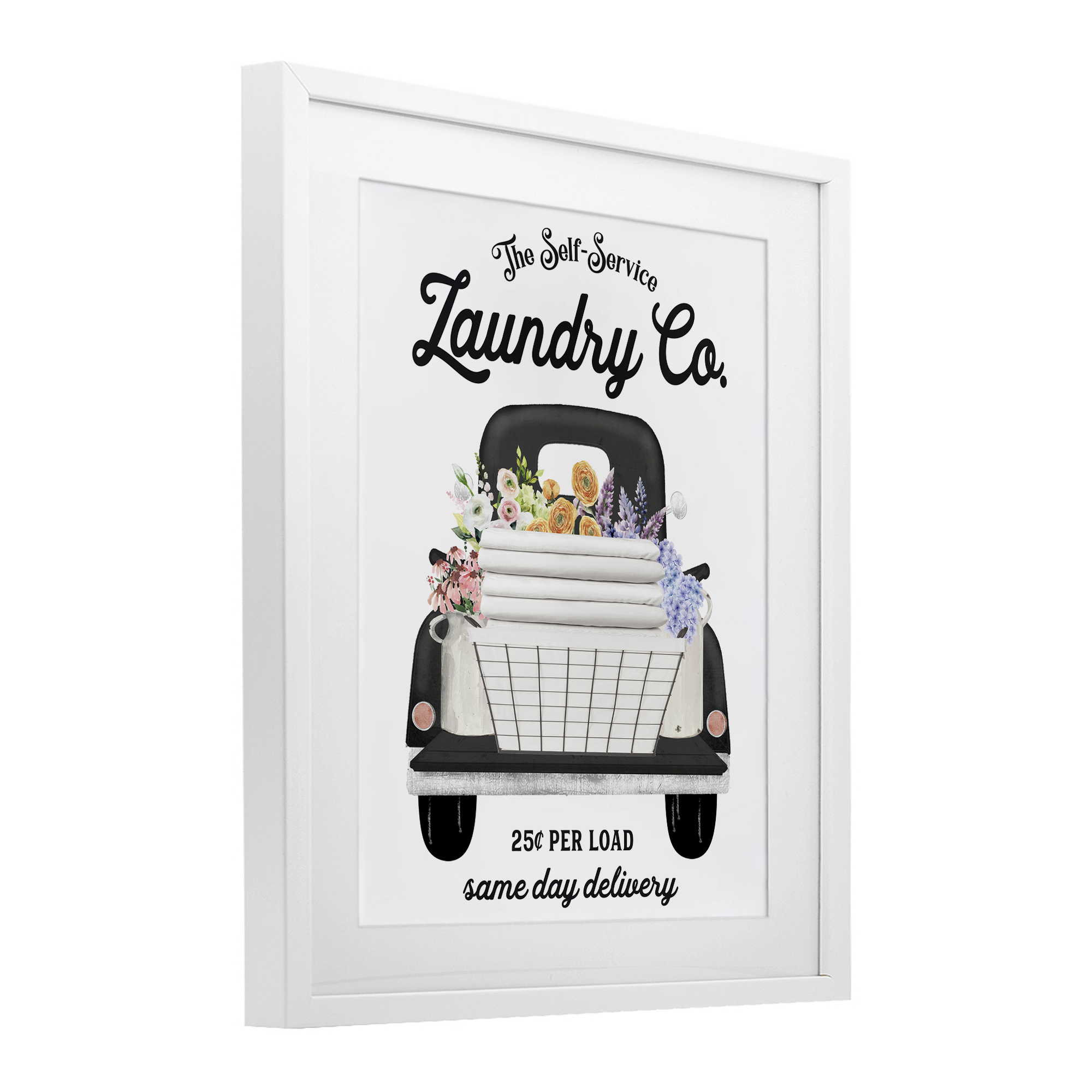 Laundry Service Truck White Framed Print Under Glass, design by Lettered and Lined