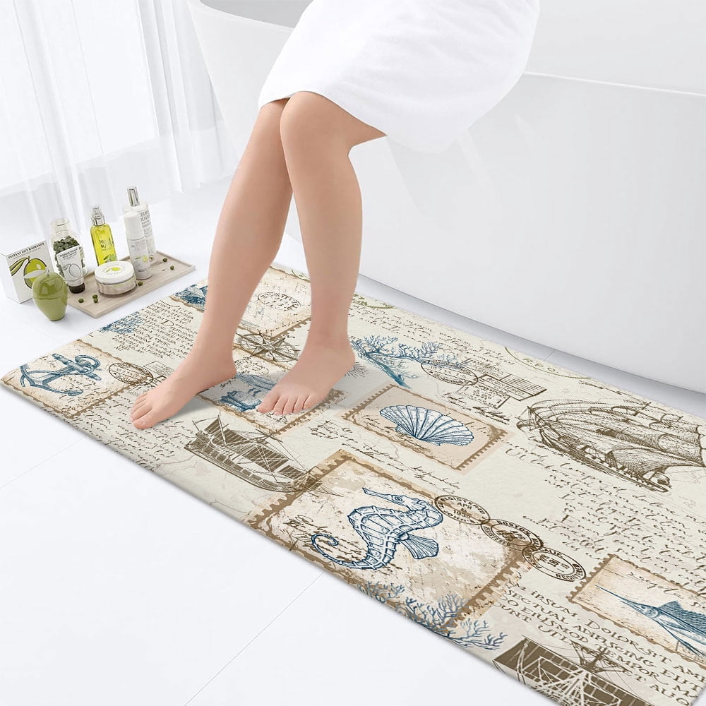 Nautical Bathroom Rugs,Beach Flannel Non Slip Mat Rug,Tropical Coastal Flannel Non Slip Mat Rug,Ocean Beach Bath Mat,Retro Sailing Adventure Bathroom Mats 17X48in