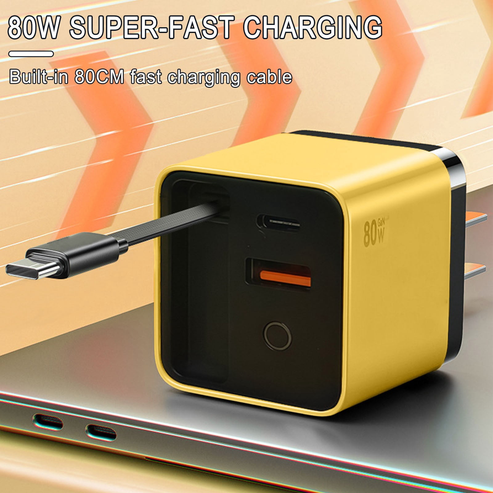 JoyHoop 80W Retractable Wall Charger with Built-in USB-C Cable, 3-in-1 Fast Charging for Laptops and Phones, Yellow