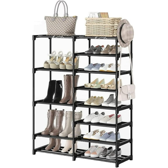 XIHAMA-Shoe Rack 8 Tiers Shoe Shelf Shoe Storage Organizer with 2 Side Hooks for Entryway,26-30 Pairs Metal Shoe Rack Taller Shoes Boots Organizer
