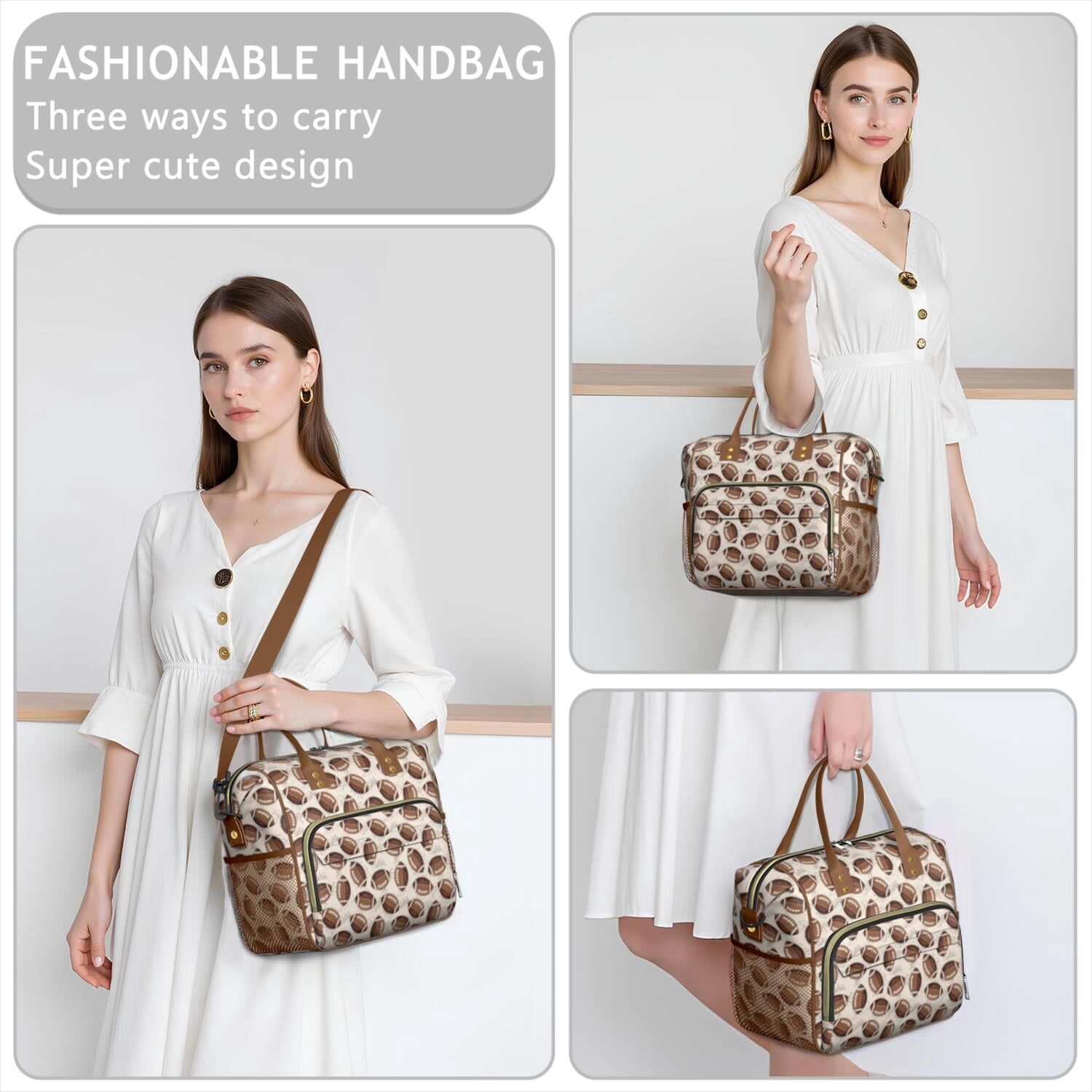 Brown Footballs on Beige Pattern Womens Lunch Box for Work,Insulated Large Lunch Bag for Tween and Teen,Loncheras Para Mujer,Leakproof Adult Lunch Bag for Work,Beach,Travel,Picnic,Camping