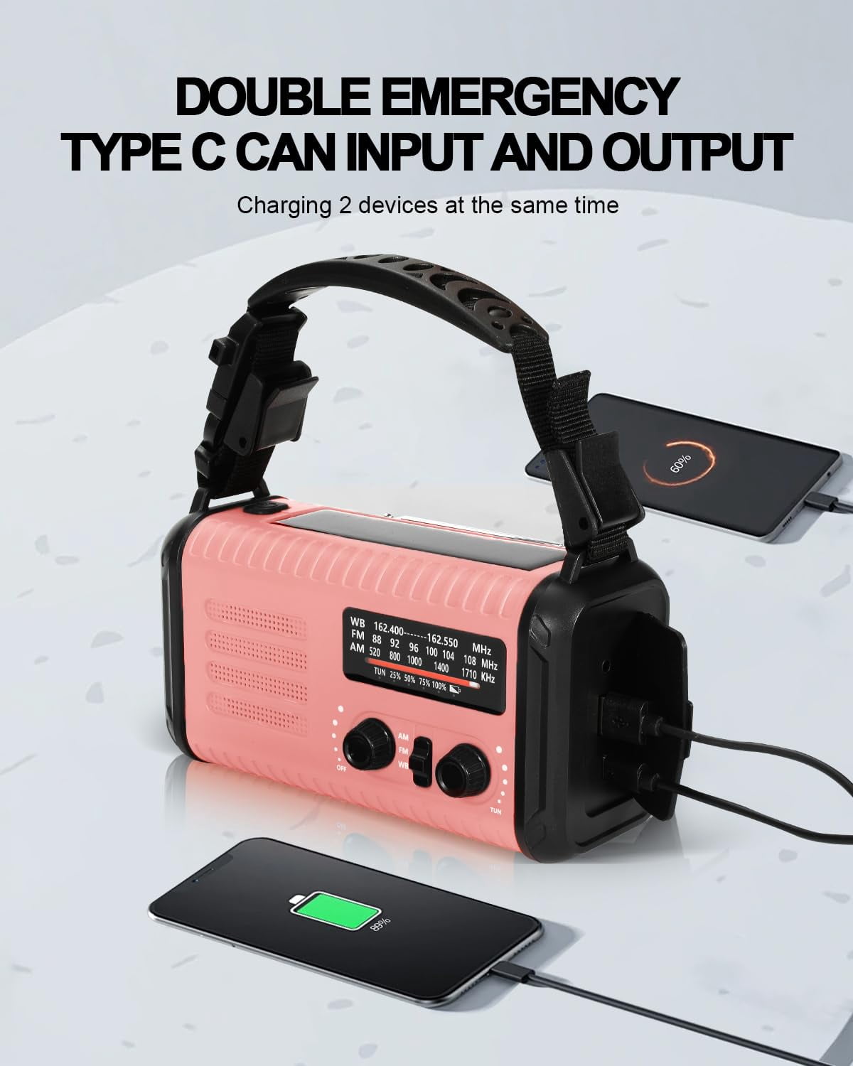 Emergency Crank Radio  20000mah / 74000mwh Solar Hand Weather With Noaa/am/fm Cell Phone Reading Lamp Flashlight & Sos For Emergencies/home (pink)