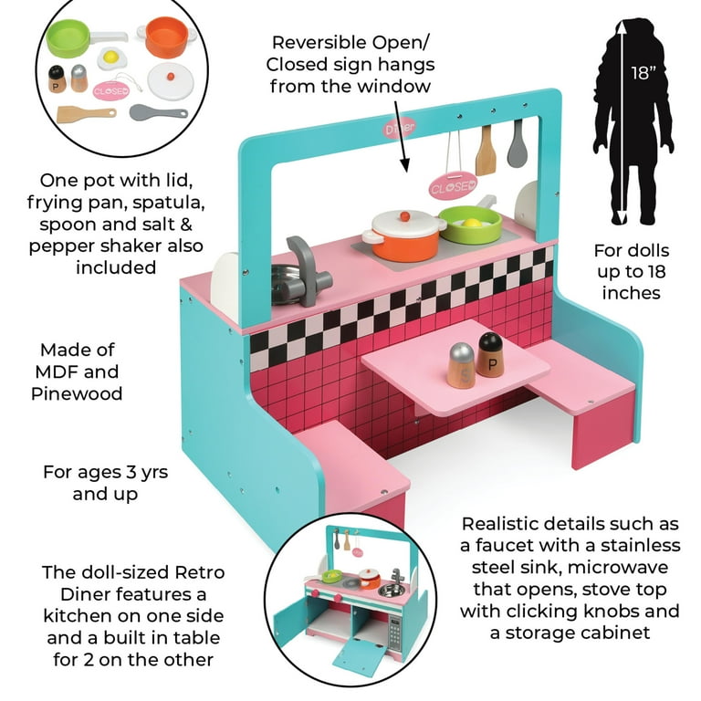 Badger Basket Doll Retro Diner and Kitchen Playset with Cooking Accessories for 20 inch Dolls