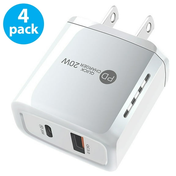 USB C Wall Charger Block 20W, 4-Pack Dual Port PD Power Delivery Fast Type C Charging Block Plug Adapter for iPhone 11/12/13/14/Pro Max, XS/XR/X, iPad Pro, AirPods Pro, Samsung Galaxy and More(White)