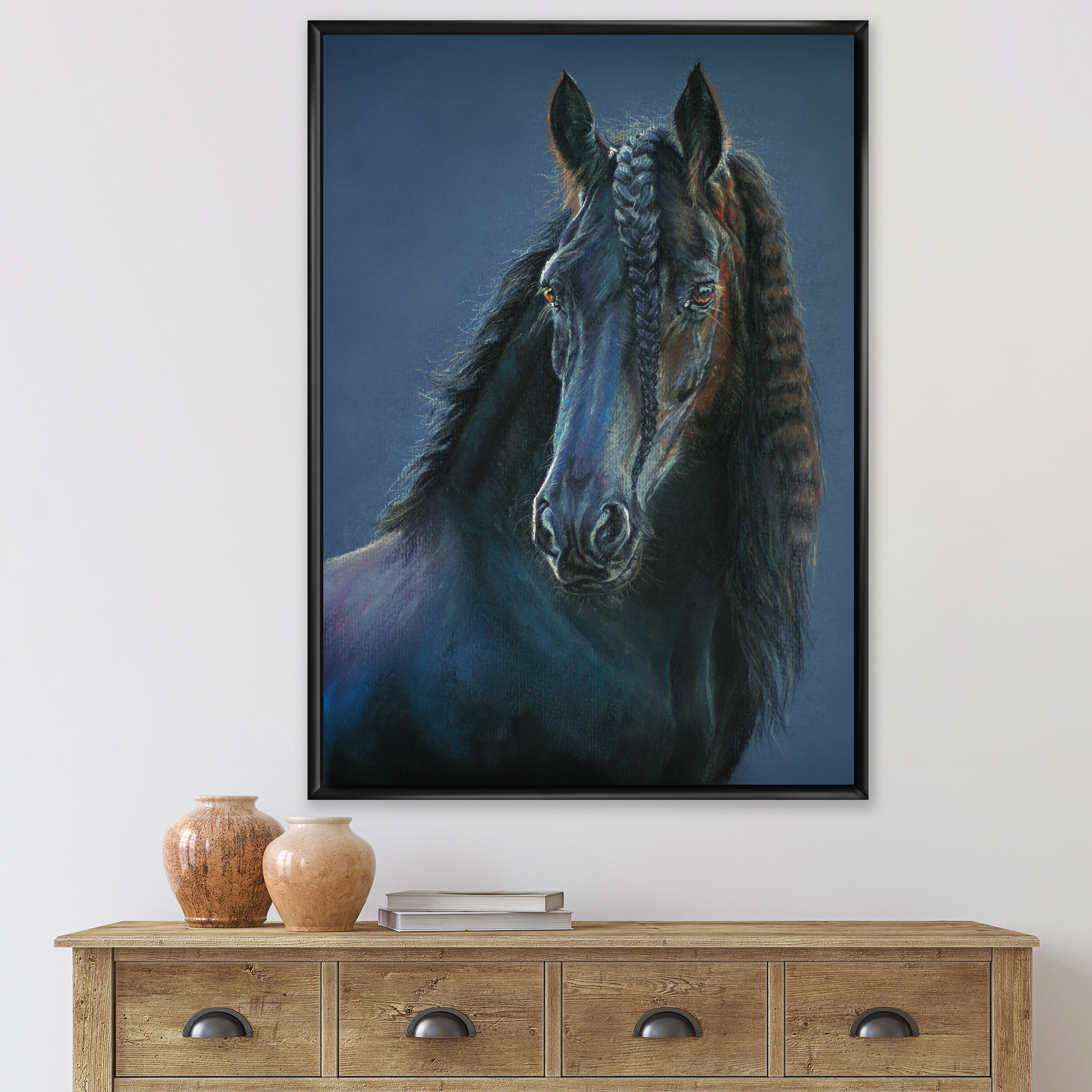 Frisian Black Horse Portrait 12 in x 20 in Framed Photography Canvas Art Print, by Designart