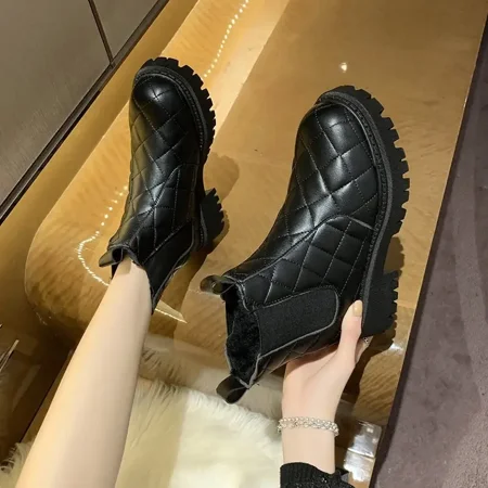 

Waterproof Snow Boots Women‘s Martin Boots British Style 2022 Winter New Fleece Thick Bottom All-match Ankle Chelsea Boots