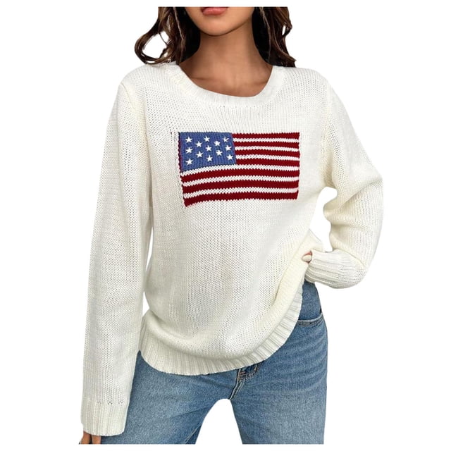 Chandail à Manches Longues pour Femmes Drapeau USA Chandail Ample Décontracté Col Rond Chandail en Molleton
