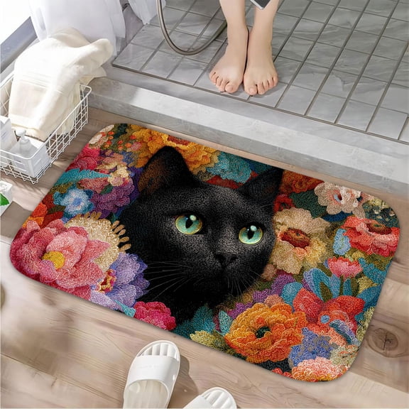 1pc Black Cat Absorbent Non-Slip Bathroom Thickened Flannel Rug Decor,Soft,Quick Drying,Suitable For Indoor/outdoor Use,Bathrooms,Bedrooms,Kitchens,Terrace,Laundry Rooms,16"x24"