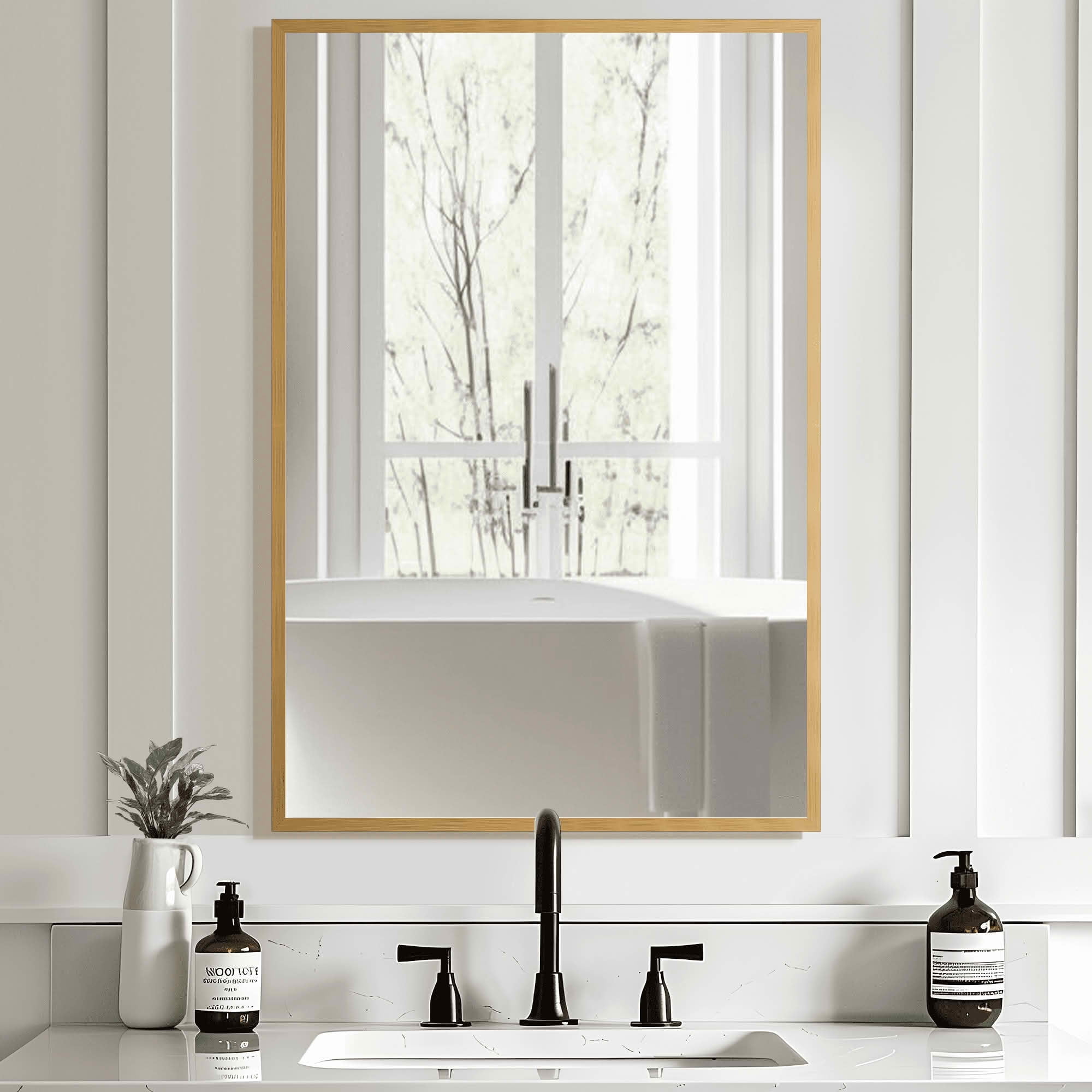 MAYEERTY 36x24x1 Inch Gold Thin Edge Aluminum Right Angle Rectangular Wall Mounted Mirror, Double Sided for Bathroom