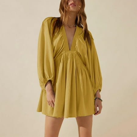 PFWOWB Yellow Graduation Dress Womens Fall Long Sleeve V Neck Tunic Dress Casual Loose Flowy Swing Fashion Mini Dresses