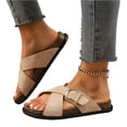thumbnail image 5 of LTTVQM Womens Flat Sandals Arch Support Platform Open Toe Slip-On Cork Footbed Slide Sandals Casual Lounge Adjustable Buckle Slides for Vacation Khaki 36(US-5.5), 5 of 5