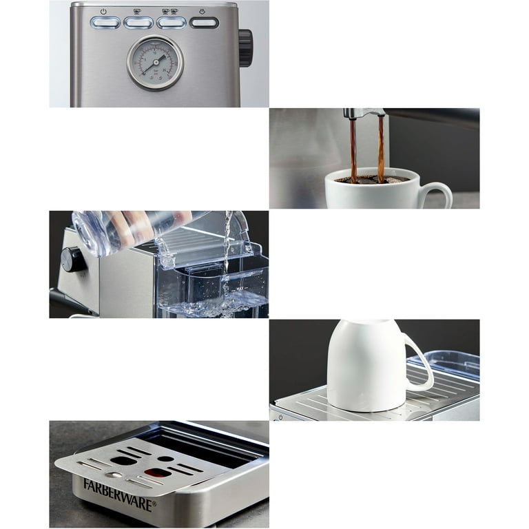 Farberware Espresso Machine, 15 Bar, Silver, Stainless Steel, Steam Wand, Size: Large