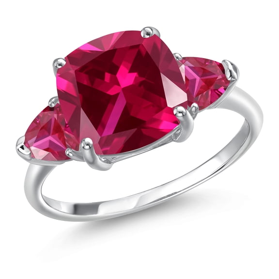 Gem Stone King 10K White Gold Red Created Ruby 3-Stone Engagement Ring | 5.86 Cttw | Cushion 10MM | Trillion  5MM | Three Stone Wedding Engagement Anniversary Promise Ring for Women (Size 9)