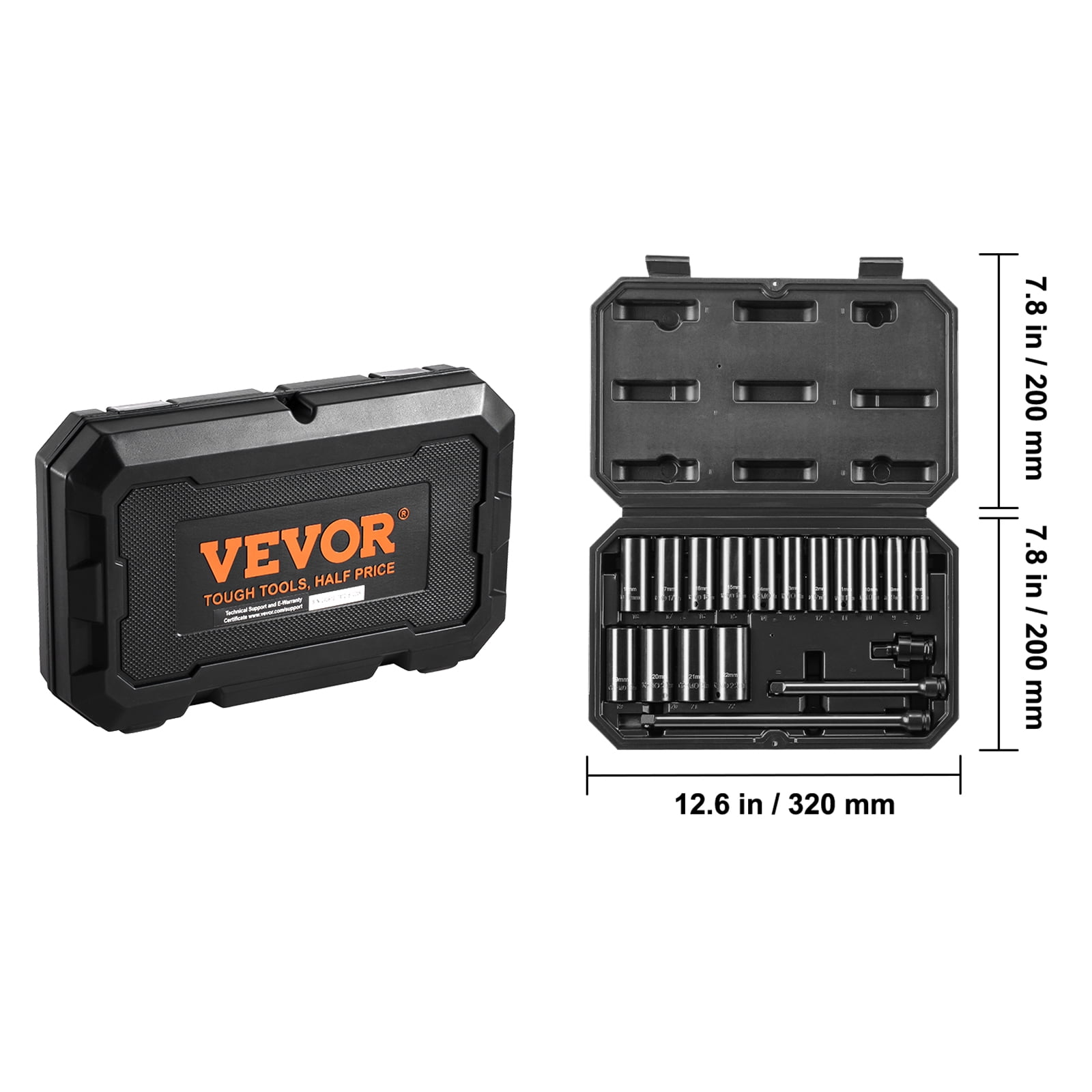 VEVOR Drive Impact Socket Set 3/8" - 18 Piece Deep Socket Set Metric 8-22mm - 6 Point CR-V Alloy Steel for Auto Repair - Easy-to-Read Size Markings - Rugged Construction Includes Storage Case