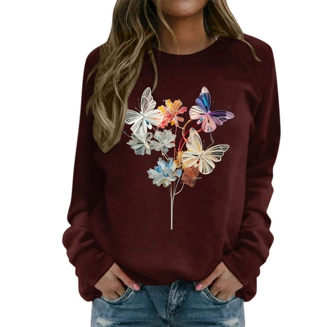 VBARHMQRT Sweat à Capuche Zippé Camouflage pour Femmes Col Rond Manches Longues Raglan Imprimé Papillon Fleur