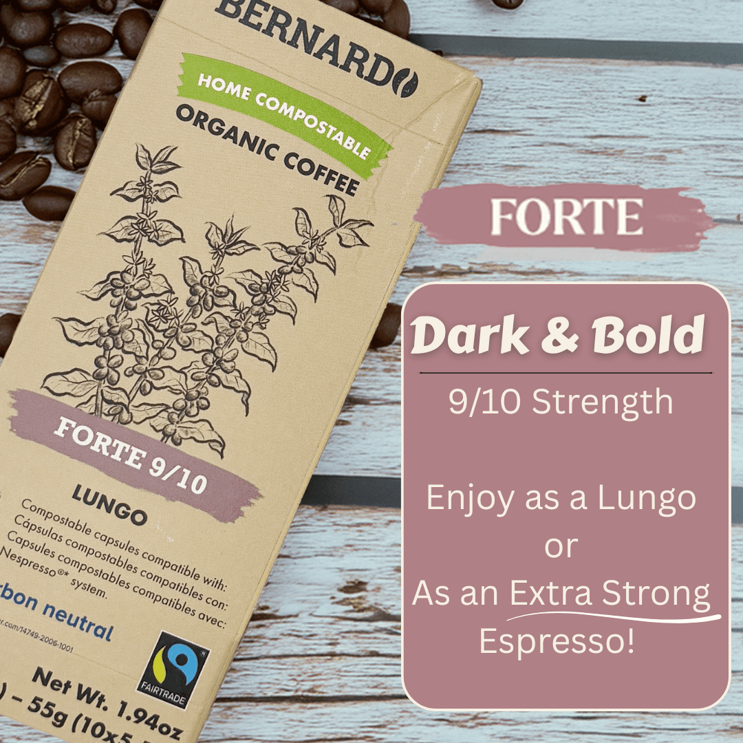 USDA Organic Bernardo  FORTE 9/10 Strength Espresso Coffee Pods, Compatible with Nespresso Original Machines.  Biodegradable, Home Compostable Capsules. 100 Pods